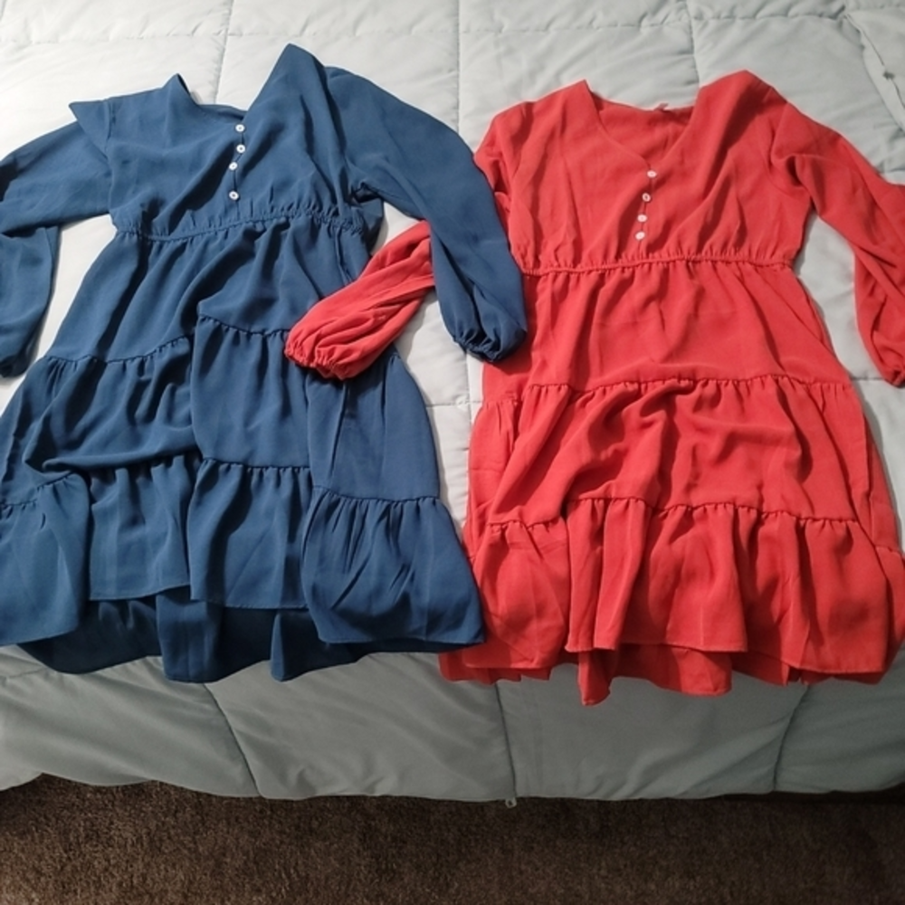 2 Fashion Collection Long Sleeve Ruffled V-Neck Dresses Red & Blue Womens L NWOT